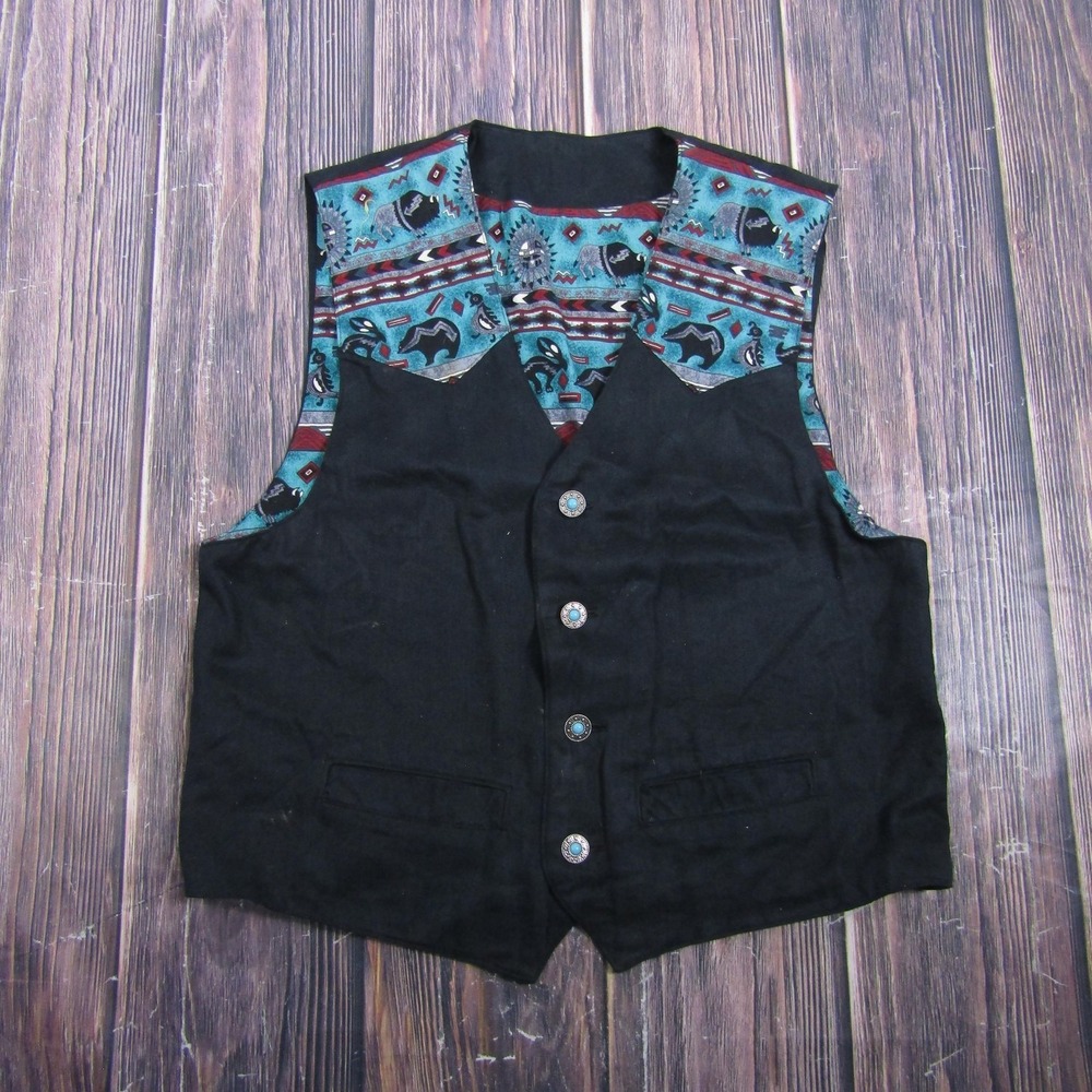Vest Womens L Black Southwestern Animal Print Cotton Lined Button Front Pockets